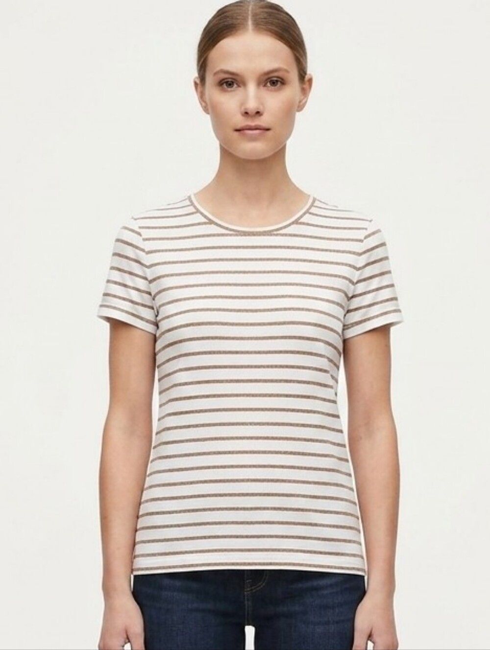 Banana Republic Timeless Tee Medium White Metallic Bronze Stripe Sparkle